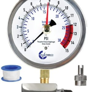 4" Gas Test Pressure Gauge, 15 Pound, Stainless Steel Case, Accuracy 1%, Red Pointer Pressure Memory, Chrome Plated Steel Body Assembly, 15PSI / 30 InHg, 3/4" FNPT