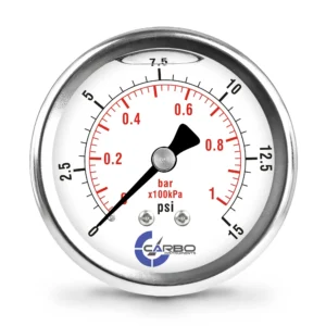 2 1/2" Pressure Gauge, Stainless Steel Case, Chrome Plated Brass Connection, Liquid Filled