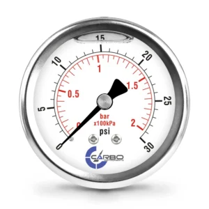 2 1/2" Pressure Gauge, Stainless Steel Case, Chrome Plated Brass Connection, Liquid Filled