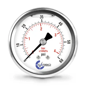 2 1/2" Pressure Gauge, Stainless Steel Case, Chrome Plated Brass Connection, Liquid Filled