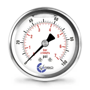 2 1/2" Pressure Gauge, Stainless Steel Case, Chrome Plated Brass Connection, Liquid Filled