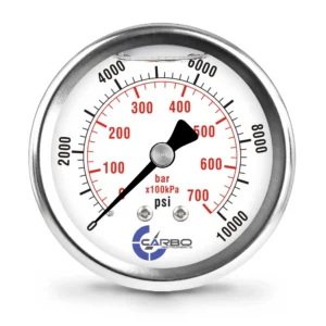 2 1/2" Pressure Gauge, Stainless Steel Case, Chrome Plated Brass Connection, Liquid Filled