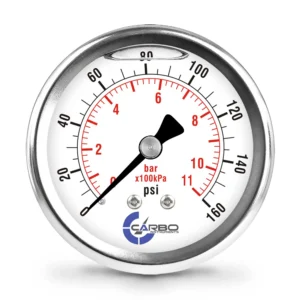 2 1/2" Pressure Gauge, Stainless Steel Case, Chrome Plated Brass Connection, Liquid Filled