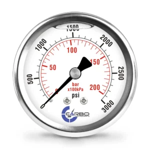 2 1/2" Pressure Gauge, Stainless Steel Case, Chrome Plated Brass Connection, Liquid Filled