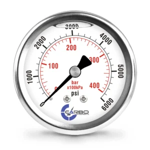 2 1/2" Pressure Gauge, Stainless Steel Case, Chrome Plated Brass Connection, Liquid Filled