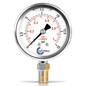 2 1/2" Pressure Gauge, Stainless Steel Case, Chrome Plated Brass Connection, Liquid Filled