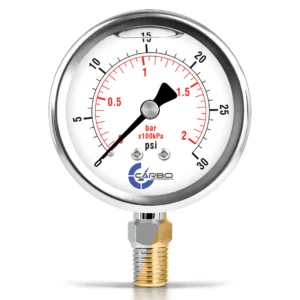 2 1/2" Pressure Gauge, Stainless Steel Case, Chrome Plated Brass Connection, Liquid Filled