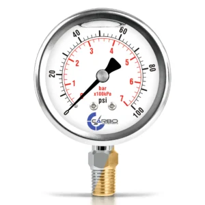 2 1/2" Pressure Gauge, Stainless Steel Case, Chrome Plated Brass Connection, Liquid Filled