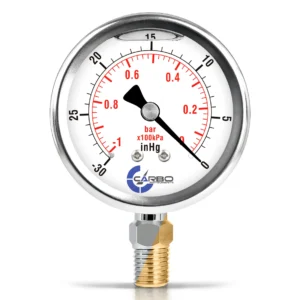 2 1/2" Pressure Gauge, Stainless Steel Case, Chrome Plated Brass Connection, Liquid Filled