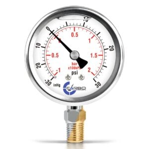 2 1/2" Pressure Gauge, Stainless Steel Case, Chrome Plated Brass Connection, Liquid Filled