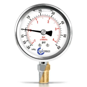 2 1/2" Pressure Gauge, Stainless Steel Case, Chrome Plated Brass Connection, Liquid Filled